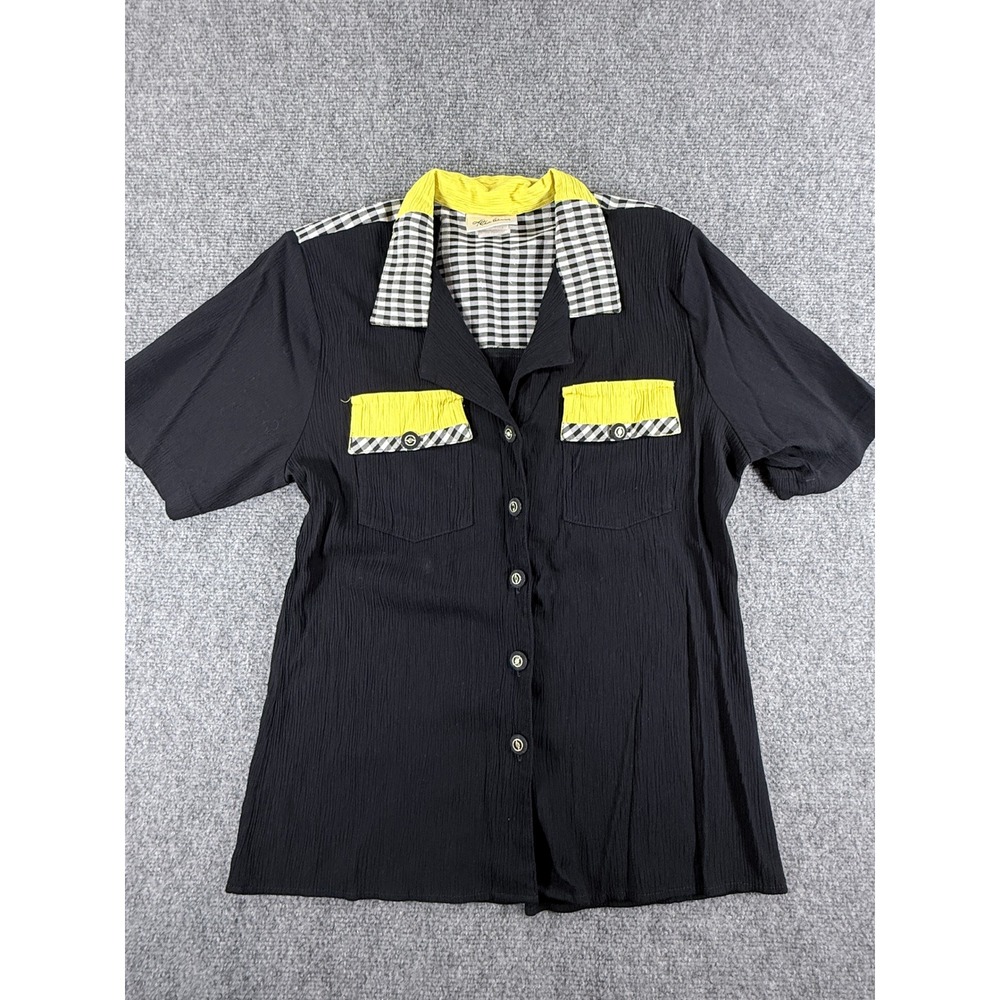 Vintage Allison Woods Blouse Black Gingham Yellow Colorblock 80s 90s Retro